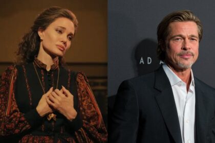 Angelina Jolie in Maria and Brad Pitt at an event