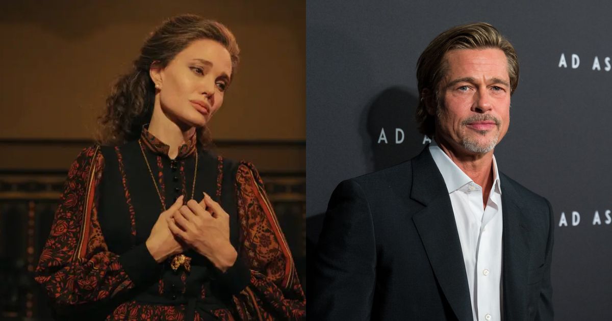 Angelina Jolie in Maria and Brad Pitt at an event