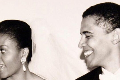 Barack and Michelle Obama in a monochrome image taken on their wedding day.