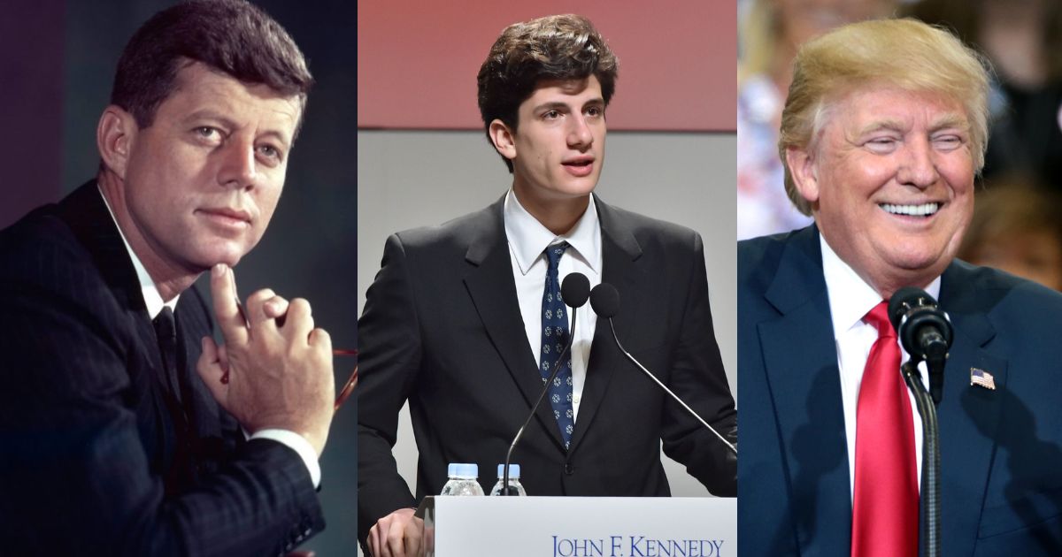 John F. Kennedy (L) Jack Schlossberg (C) and Donald Trump (R)