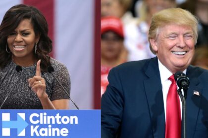 Former First Lady Michelle Obama speaking at a campaign rally at the Phoenix Convention Center in Phoenix, Arizona, and President Donald J. Trump. (Source: Flickr)