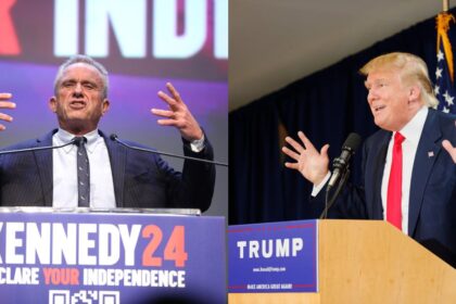 Robert F. Kennedy, Jr., delivering a speech (via Flickr) and Donald Trump at the Laconia Rally, Laconia, NH, by Michael Vadon July 16, 2015 ( via Flickr )