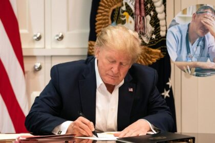 President Trump Works at Walter Reed National Military Medical Center and (inset) stock image of a doctor.