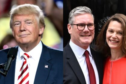 Donald Trump (via Flickr) and Sir Keir Starmer with Victoria Starmer (R) – Lady Starmer, the de facto new 'First Lady', smiled and waved to crowds before entering her new home at No. 10 (Credit: Eddie Mulholland via The Telegraph).