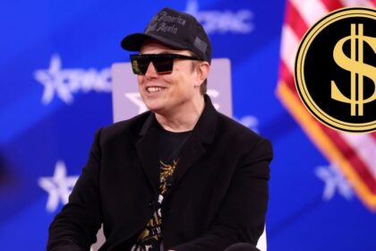 Elon Musk and (inset) the DOGE logo.