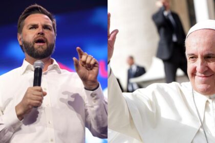 JD Vance speaking at the 2023 Turning Point Action Conference in West Palm Beach, Florida. (Image via Gage Skidmore/Flickr) | Pope Francis during a public appearance. (Image via Long Thiên/Flickr)