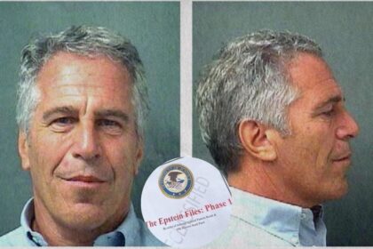 A mugshot of Jeffrey Epstein from the Florida Department of Corrections and (inset) a screengrab of the Epstein Files.