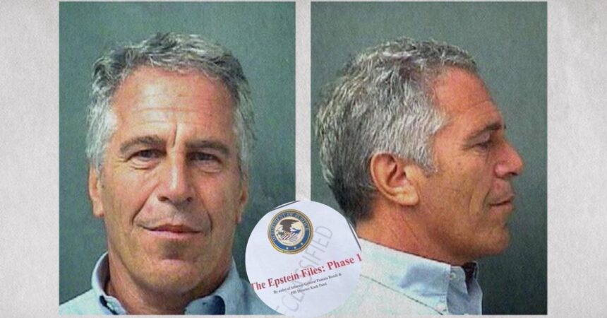 A mugshot of Jeffrey Epstein from the Florida Department of Corrections and (inset) a screengrab of the Epstein Files.