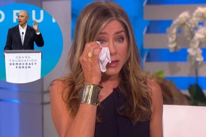 Jennifer Aniston and (inset) Barack Obama