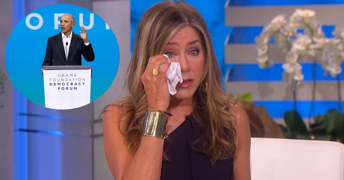 Jennifer Aniston and (inset) Barack Obama