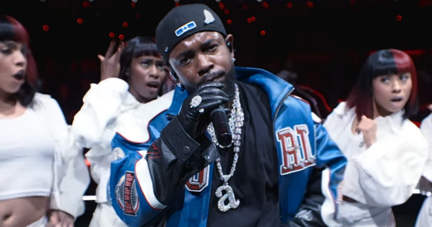 Kendrick Lamar performing at the Super Bowl