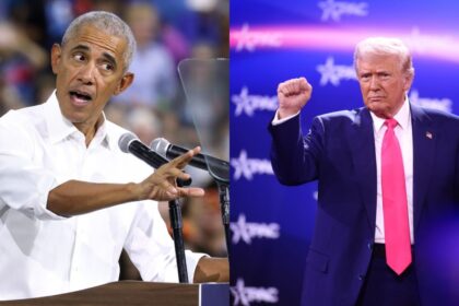 Former President of the United States Barack Obama speaking with supporters at a campaign rally for Vice President Kamala Harris and President of the United States Donald Trump speaking at the 2025 Conservative Political Action Conference.
