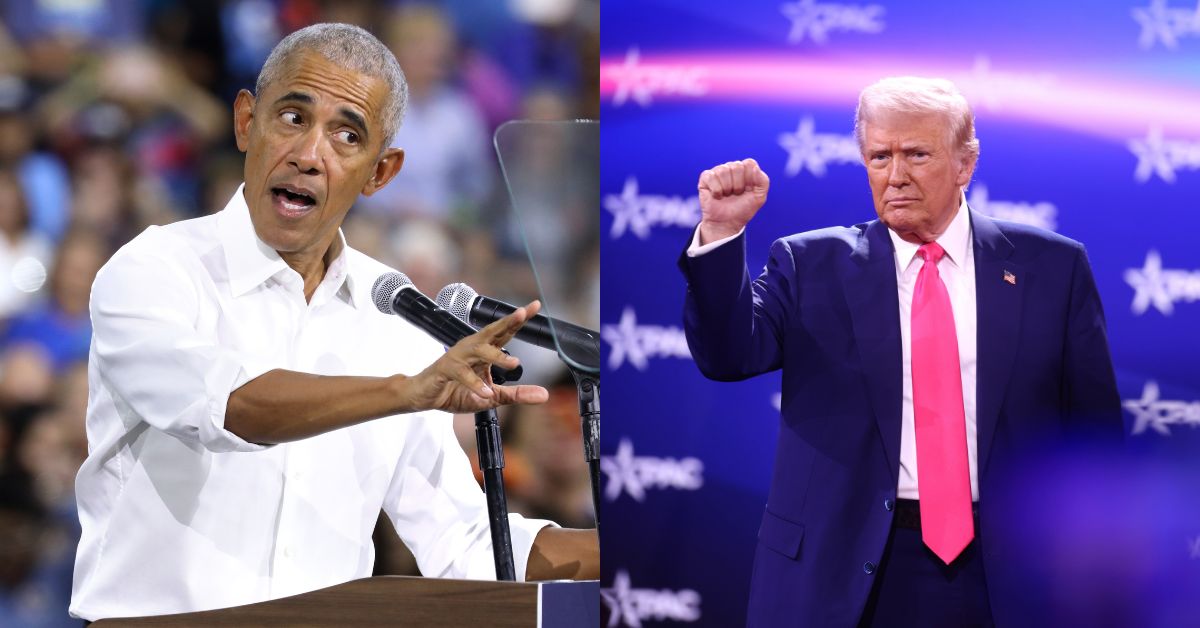 Former President of the United States Barack Obama speaking with supporters at a campaign rally for Vice President Kamala Harris and President of the United States Donald Trump speaking at the 2025 Conservative Political Action Conference.