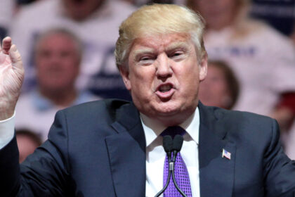 Donald Trump speaking with supporters at a campaign rally at the South Point Arena in Las Vegas, Nevada.
