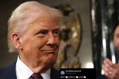 Donald Trump at his presidential address to Congress and (inset) the post by the White House.