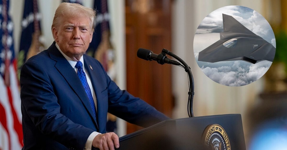 Donald Trump at the White House to sign the Laken Riley Act and (inset) a rendering of the Boeing fighter jet.