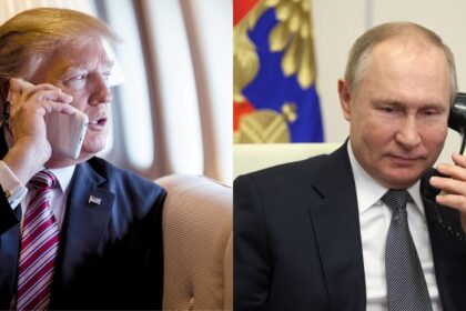 President Donald Trump talks on the phone aboard Air Force One and Russian President Vladimir Putin speaks on the phone during a conversation with Tatyana Trotsenko.
