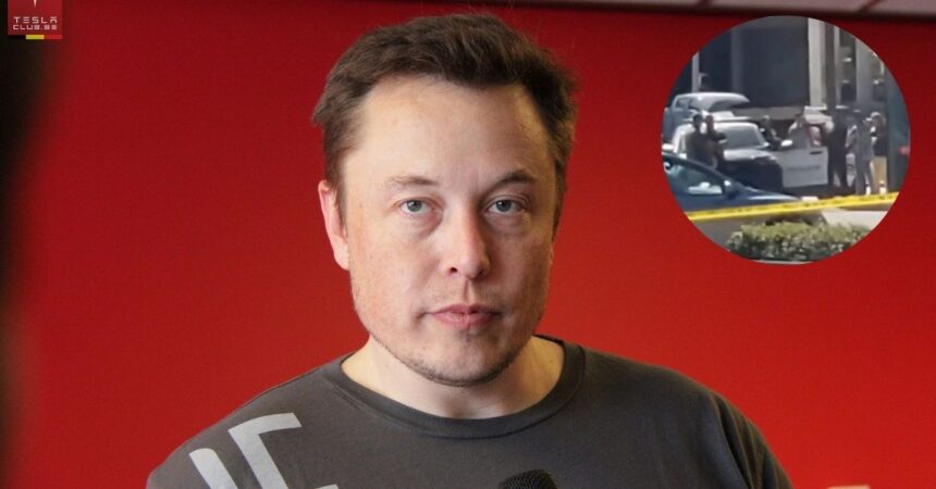 Elon Musk at a Townhall at the Tesla Amsterdam Service Center and (inset) a screengrab of the Austin Police at the dealership in Tesla.