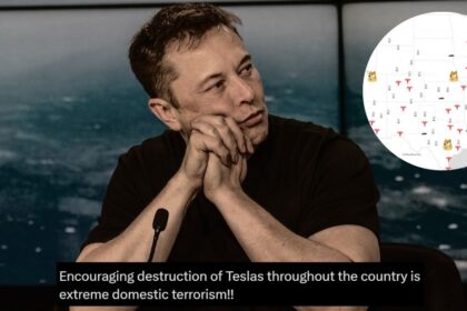 SpaceX and Tesla CEO Elon Musk at the SpaceX Falcon Heavy Flight 1 post launch press conference and (inset) a screengrab of the online map on the Dogequest website.