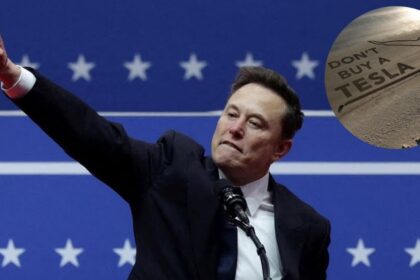 Elon Musk at Donald Trump's Inauguration and (inset) a screengrab from a video of the activists carving the 'Don't Buy A Tesla' message.