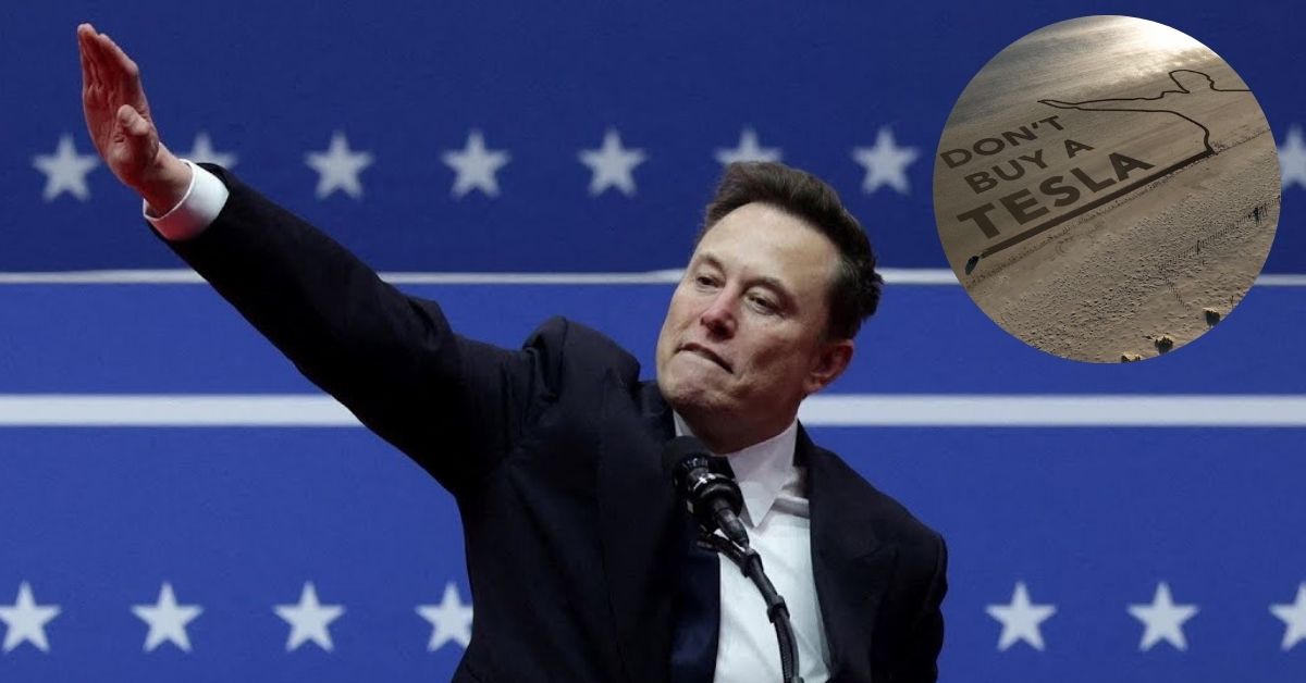 Elon Musk at Donald Trump's Inauguration and (inset) a screengrab from a video of the activists carving the 'Don't Buy A Tesla' message.