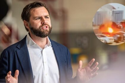 JD Vance visited the 121st Air Refueling Wing May 25, 2023, at Rickenbacker Air National Guard Base, Ohio and (inset) a screengrab of a video of the Las Vegas Tesla attack.