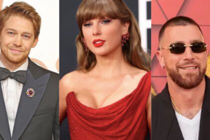 Joe Alwyn (Instagram | @entertainmenttonight), Taylor Swift (@tswiftreports), and Travis Kelce (Jason Squires/Shutterstock via Hollywood Life)