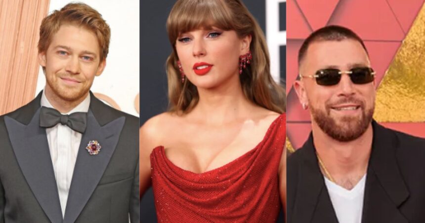 Joe Alwyn (Instagram | @entertainmenttonight), Taylor Swift (@tswiftreports), and Travis Kelce (Jason Squires/Shutterstock via Hollywood Life)