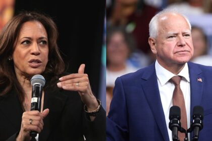 Kamala Harris speaking with attendees at the 2019 National Forum ( Photo by Gage Skidmore, via Flickr) and Tim Walz speaking at a campaign rally ( Photo by Gage Skidmore, via Flickr)