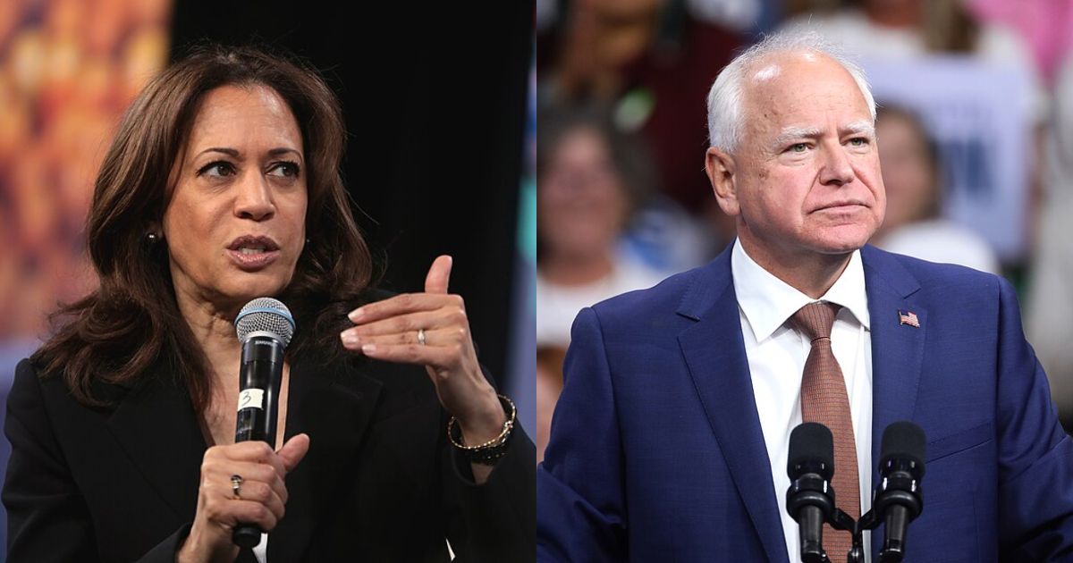 Kamala Harris speaking with attendees at the 2019 National Forum ( Photo by Gage Skidmore, via Flickr) and Tim Walz speaking at a campaign rally ( Photo by Gage Skidmore, via Flickr)