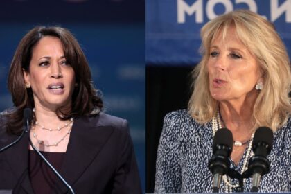 Kamala Harris speaking with attendees at the 2019 California Democratic Party State Convention and Jill Biden speaking with supporters of former Vice President Joe Biden at a community event.