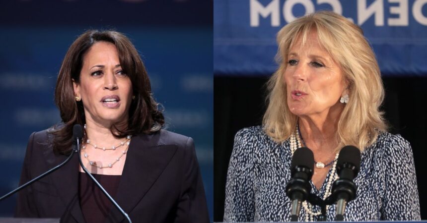 Kamala Harris speaking with attendees at the 2019 California Democratic Party State Convention and Jill Biden speaking with supporters of former Vice President Joe Biden at a community event.