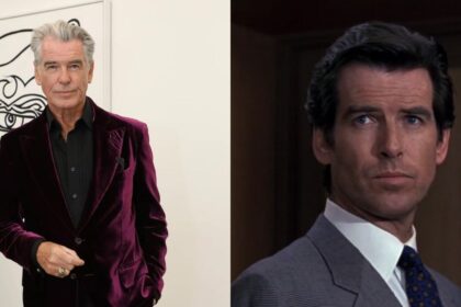 Pierce Brosnan and a screengrab of him as James Bond from the film Goldeneye.