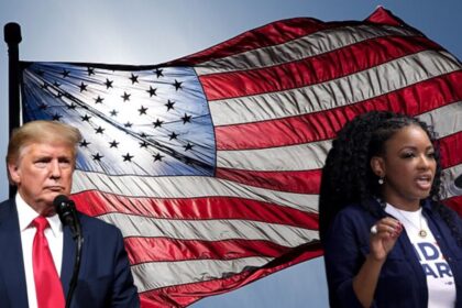 No elections in 2028? People React to Jasmine Crockett’s Unusual Suggestion Flag of United States from ( Author Jnn13 via Wikimedia Commons) Picture of Jasmine Crockett (Photo by Gage Skidmore via Flickr) and Picture of Donald Trump ( via Wikimedia Commons)