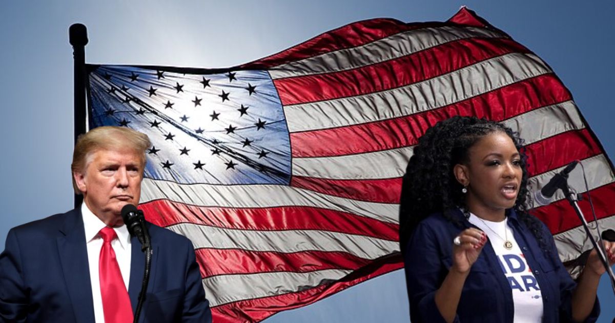 No elections in 2028? People React to Jasmine Crockett’s Unusual Suggestion Flag of United States from ( Author Jnn13 via Wikimedia Commons) Picture of Jasmine Crockett (Photo by Gage Skidmore via Flickr) and Picture of Donald Trump ( via Wikimedia Commons)