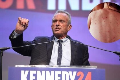 RFK Jr. speaking with supporters at a campaign rally at the Fox Tucson Theatre in Tucson, Arizona. ( credits- Gage Skidmore via Flickr) Picture Inside the circle ( a young infant with measles) (via FMT)